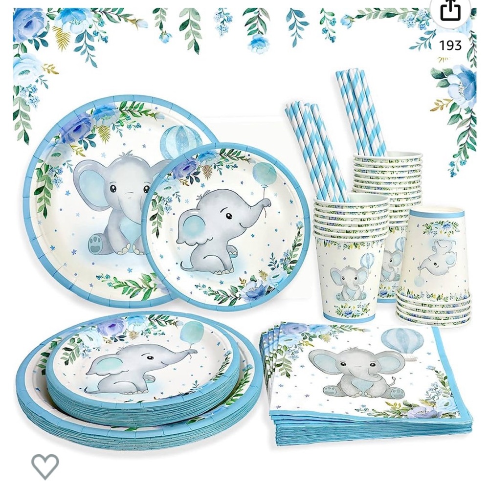 Baby Shower Decorations Paper Plates Set for 25 Guests, Blue Elephant 🩵 💙